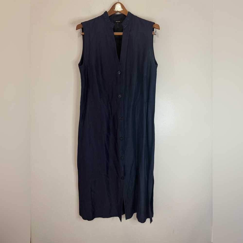 ESCADA Sleeveless Navy Button-Front Midi Dress sequins linen/cotton size 46